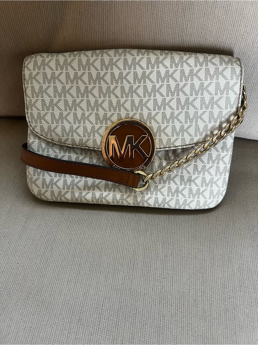Michael Kors Cream Logo Crossbody with Gold Chain and Brown Trim